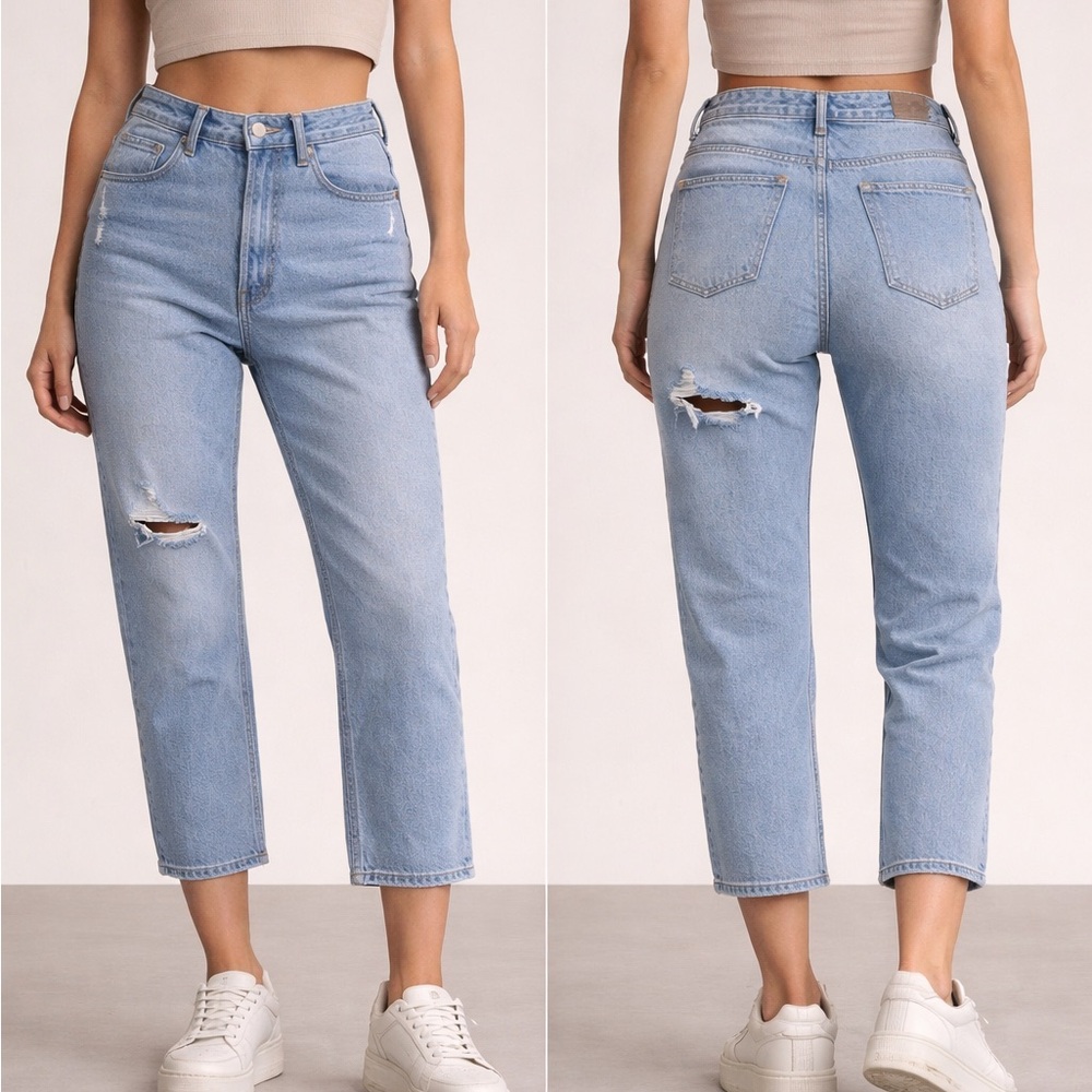 English Factory Light Wash Cropped Distressed High-Rise Jeans
